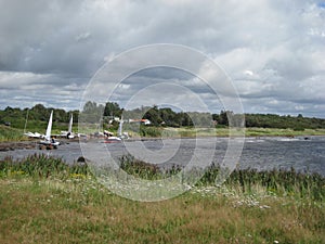 Sweden Halmstad Water Houses sailing boats summer cloud grass grey