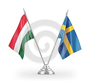 Sweden and Hungary table flags isolated on white 3D rendering