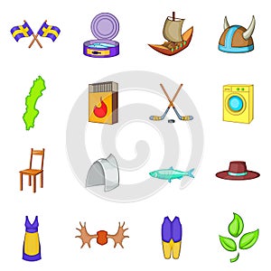 Sweden icons set, cartoon style