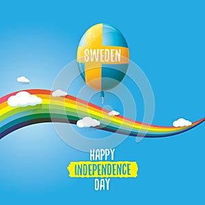 Sweden indepedence day celebration banner or poster with greeting text and balloons in sky with rainbow and clouds