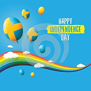 Sweden indepedence day celebration banner or poster with greeting text and balloons in sky with rainbow and clouds