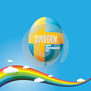 Sweden indepedence day celebration banner or poster with greeting text and balloons in sky with rainbow and clouds