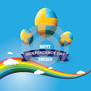 Sweden indepedence day celebration banner or poster with greeting text and balloons in sky with rainbow and clouds