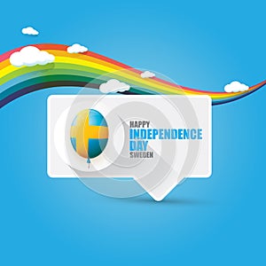 Sweden indepedence day celebration banner or poster with greeting text and balloons in sky with rainbow and clouds