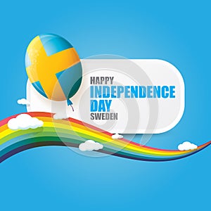 Sweden indepedence day celebration banner or poster with greeting text and balloons in sky with rainbow and clouds