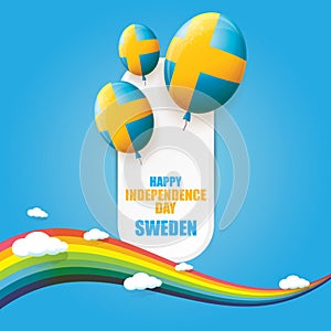 Sweden indepedence day celebration banner or poster with greeting text and balloons in sky with rainbow and clouds