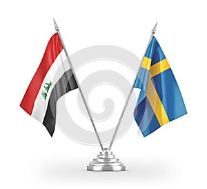 Sweden and Iraq table flags isolated on white 3D rendering