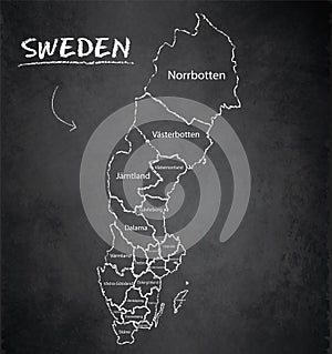 Sweden map administrative division separates regions and names individual region, design card blackboard chalkboard