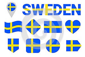 Sweden national flags vector set. Collection of Swedish flags. Flat isolated icons. Illustration with text Sweden in traditional c