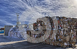 Sweden, Orebro, 24.02.2020: Paper garbage at the recycling plant, large square bales of paper. paper recycling. paper factory