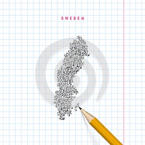 Sweden sketch scribble vector map drawn on checkered school notebook paper background