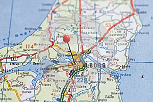 Sweden Stockholm, 07 April 2018: European cities on map series. Closeup of Alborg
