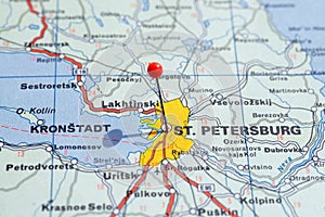 Sweden Stockholm, 07 April 2018: European cities on map series. Closeup of ST. Petersburg