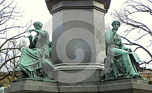 Sweden, Stockholm, Humlegarden, statue of Carl von Linne, figures that represented botany, medicine, chemistry and zoology