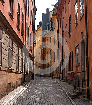Sweden, Stockholm, on an old street in Gamlastan. The ancient part of the city