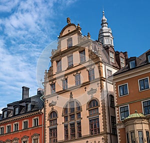 Sweden, Stockholm, on an old street in Gamlastan. Fragment of the facade of an old house. The medieval Swedish capital photo