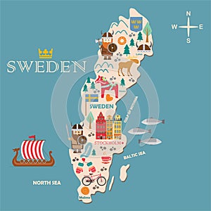 Sweden symbols map with tourist attractions