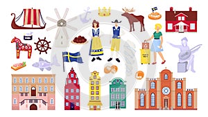 Sweden symbols set with Stockholm city buildings, sightseeings and landmarks, swedes people vector illustrations