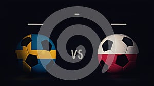 Sweden vs Poland Euro 2020 football matchday announcement. Two soccer balls with country flags, showing match infographic,