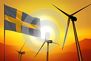 Sweden wind energy, alternative energy environment concept with wind turbines and flag on sunset industrial illustration -