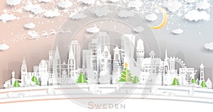 Sweden. Winter city skyline in paper cut style with snowflakes, moon and neon garland. Christmas, new year concept. Santa claus.