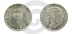 Swedish 1 Crowns (Krona, kronor) 1979 year coin. Coin shows a portrait of Swedish king Carl XVI Gustaf of Sweden