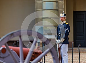 Swedish armed forces officer in uniform at guard post outside th