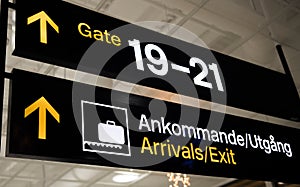 Swedish arrivals gate sign in airport