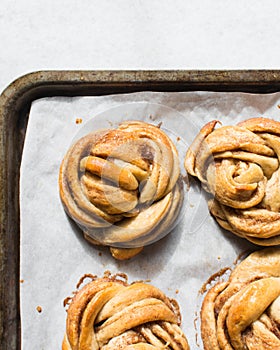 Swedish cinnamon buns on a parchment lined baking sheet