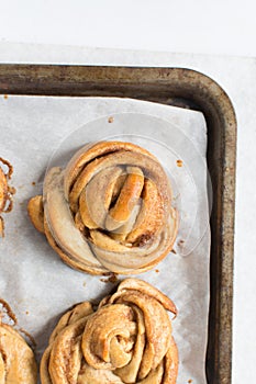Swedish cinnamon buns on a parchment lined baking sheet