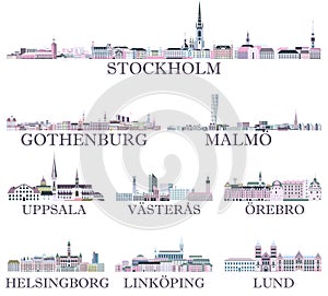 Swedish cities skylines icons in rich pastel bright colorful palette. Magic aesthetics style