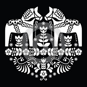 Swedish Dala or Daleclarian horse floral folk pattern on black photo