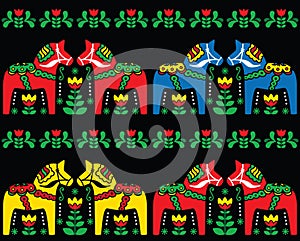 Swedish Dala horse folk art seamless pattern on black