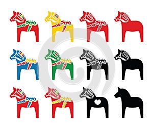 Swedish dala horse vector icons set
