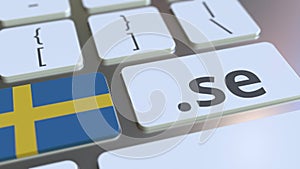 Swedish domain .se and flag of Sweden on the buttons on the computer keyboard. National internet related 3D animation