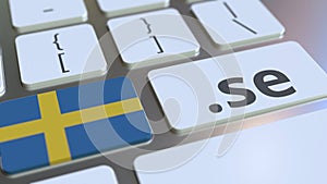 Swedish domain .se and flag of Sweden on the buttons on the computer keyboard. National internet related 3D rendering