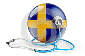 Swedish flag with stethoscope. Health care in Sweden concept, 3D rendering