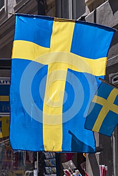 Swedish flag on VÃ¤sterlÃ¥nggatan Stockholm