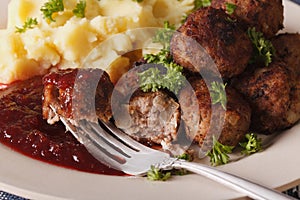Swedish food: meatballs kottbullar, lingonberry sauce and mashed
