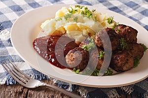 Swedish food: meatballs, lingonberry sauce with potato garnish.