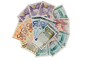 Swedish kronor and euro banknotes