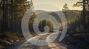 Swedish landscape in the early morning light of spring. Gravel road winds through evergreen forest, sunlight casting long shadows.