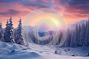 Swedish landscape with sunset over a snowy mountain forest in winter