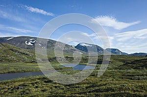 Swedish Lapland landscape. Arctic environment of Scandinavia in warm summer sunny day with blue sky. Alesjaure on Kungsleden