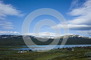 Swedish Lapland landscape. Small village next to lake Alisjavri on Kungsleden and Nordkalottruta Arctic hiking Trail in northern S