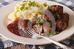 Swedish meatballs kottbullar with a side dish mashed potato closeup. horizontal