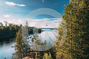 Swedish Nature. Arjang SV, Tocksfors, Sweden. Summer Lake Or River In Beautiful Summer Sunny Day