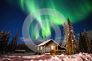 swedish northern lights above a wooden cabin