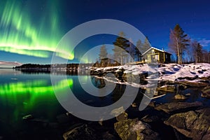 swedish northern lights above a wooden cabin