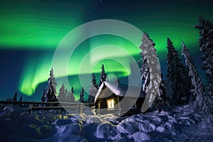 swedish northern lights above a wooden cabin